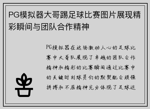 PG模拟器大哥踢足球比赛图片展现精彩瞬间与团队合作精神