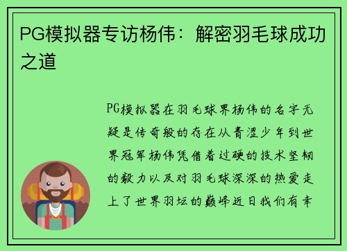 PG模拟器专访杨伟：解密羽毛球成功之道